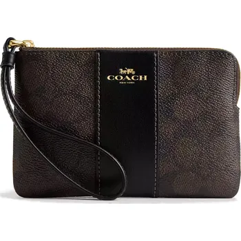 Peněženka Coach Peněženka Coach Corner Zip Wristlet In Signature Canvas Gold Walnut Black