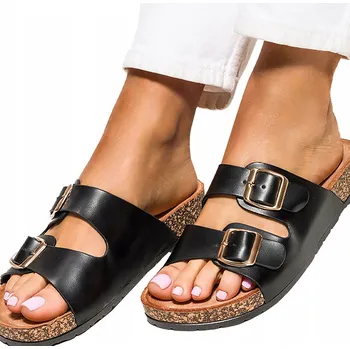 Dámské pantofle ČERNÉ DÁMSKÉ NAZOUVÁKY NA PROFILOVANÉ KORKOVÉ PODRÁŽCE, PLOCHÉ, VELIKOST 40