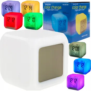 Budík BUDÍK KAMELEON MĚNÍCÍ BARVY S LCD, TEPLOMĚREM A KALENDÁŘEM