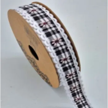 Stuha Dekorační stuha 2cm s kostkovaným vzorem a krajkou – černobílá s květy