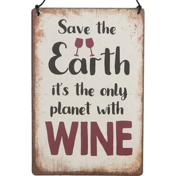 Plechová cedule Béžová kovová cedule s patinou Planet with Wine 10x15 cm