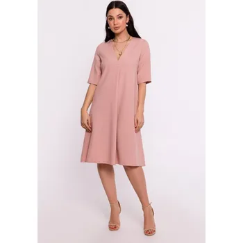 Dámská móda B280 Trapézové šaty s výstřihem do V - růžové EU M