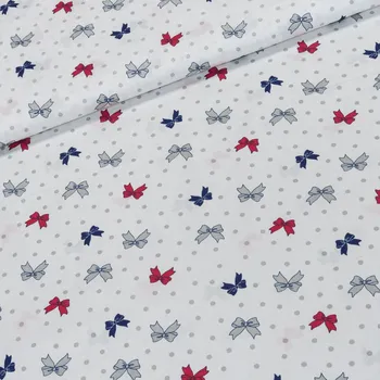 Bavlněné plátno ARIA šedé, modré a červené mašličky na bílé, š.160cm (látka v metráži)