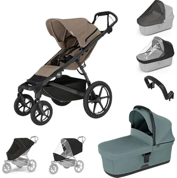 Kočárek THULE Urban Glide 4-wheel Tinted Taupe + korba Mid blue + pláštěnka + moskytiéra + madlo + pláštěnka a moskytiéra na korbu