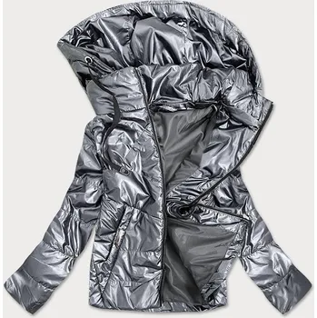 Stříbrná lesklá dámská bunda s kapucí (B9575) odstíny šedé 48