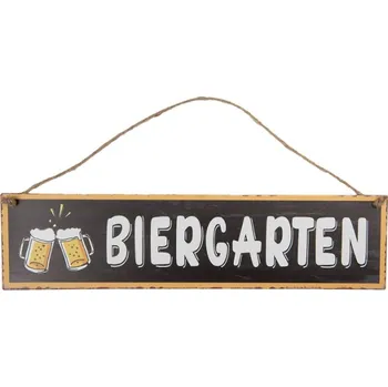 Plechová cedule Černá závěsná kovová cedule pivní zahrádka Biergarten 40x10 cm