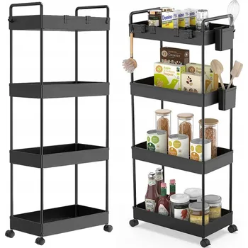 Koupelnový nábytek SKŘÍŇKA DO KUCHYNĚ KOUPELNY MOBILNÍ NA KOLEČKÁCH ČERNÁ ŠIROKÁ POLICOVÁ SKŘÍŇ 4 ÚROVNĚ