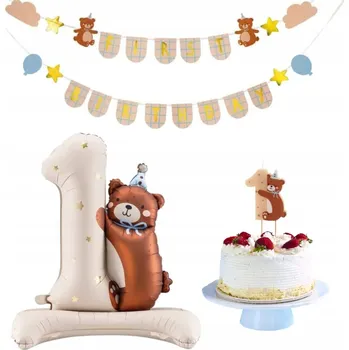 Party dekorace Sada dekorací balónků, banneru a svíčky k 1. narozeninám s medvídkem