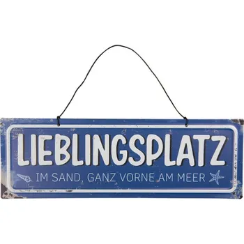 Plechová cedule Modrá závěsná kovová cedule Lieblingsplatz 30x10 cm