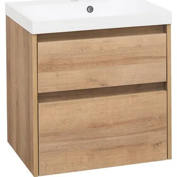 Koupelnový nábytek EBS Koupelnový Set DUOMO 61x46x58 cm – Závěsná Skříňka s Umyvadlem z Litého Mramoru, Prémiová Bílá Lesklá Úprava, 2x Zásuvka Strong Soft-Close, Moderní Bezúchytkové Řešení, Kód DUOMO61B barva dřeva: dub rivie