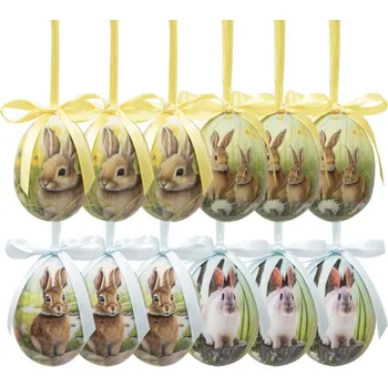 Velikonoční dekorace Sada 12 ks velikonoční vajíčka s králíčkem a mašličkou II – 4x5 cm