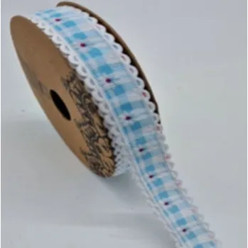 Stuha Dekorační stuha 2cm s kostkovaným vzorem a krajkou – modrobílá s květy