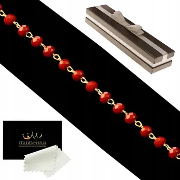 Náramek ZLATÝ JEMNÝ DÁMSKÝ NÁRAMEK NA RUKU KORÁLKY BOHO ČERVENÉ KAMENY