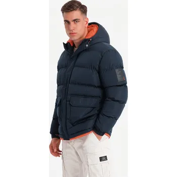 Pánská teplá sportovní bunda s dvojitou kapucí - tmavě modrá V2 OM-JAHP-0208 - XL