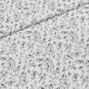 Galanterie Bavlněné plátno POLO perokresba, ptáčci na větvičce, smetanová, š.140cm (látka v metráži)