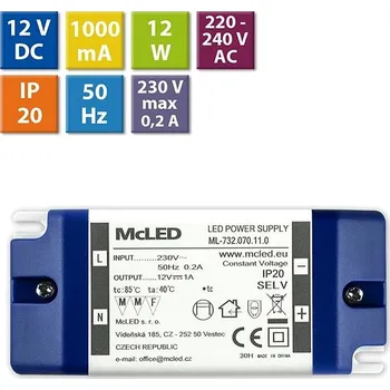 McLED Napájecí zdroj 12W, DC12V/1A, IP20, plastové provedení se svorkovnicí