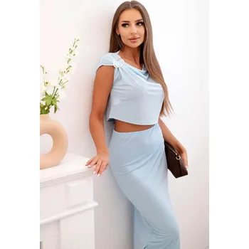 Dámská halenka Dámský komplet s blůzkou ozdobenou sponou a přiléhavou sukní modrý UNI