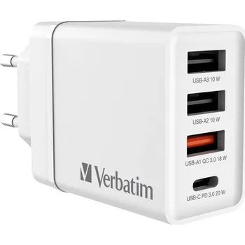 Mobilní telefon Verbatim CHR-30EU2 USB nabíječka, 3x USB A, 1x USB-C®, 30 W, Dodávka energie, QC 3.0, Power Delivery 3.0, bílá