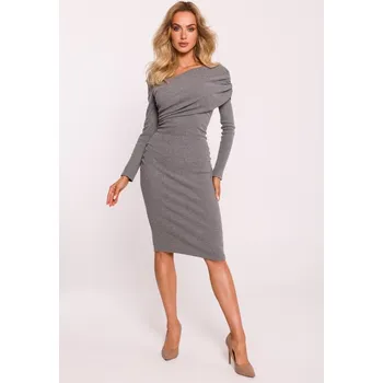 Dámské šaty M820 Asymetrické šaty z žebrového úpletu s výstřihem - šedý melír EU S/M