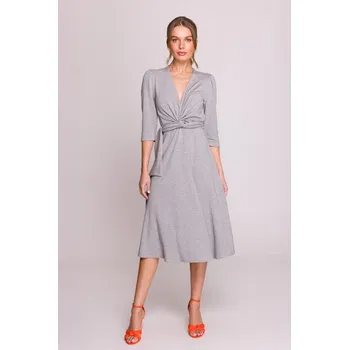 Dámské šaty S404 Úpletové šaty s vázacím páskem - šedé EU XXL