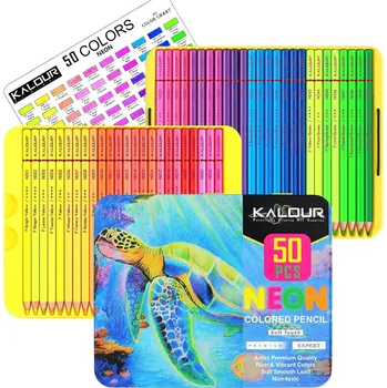 Pastelka KALOUR PDAS Kalour Neonové pastelky 50 ks – fluorescenční pastelky v kovové krabičce, měkké jádro, vhodné pro omalovánky