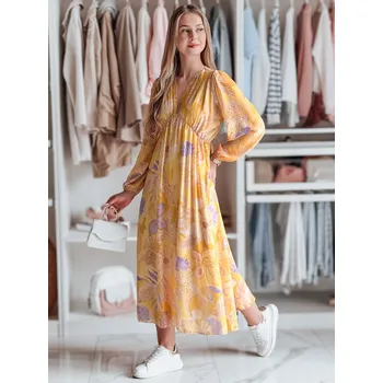 Dámské šaty Žluté midi šaty s květinovým vzorem DStreet hnědá 3278805