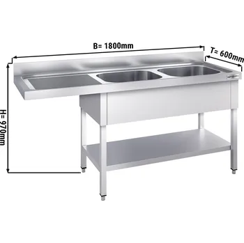 Nerezový dřez G.Gastro Mycí stůl s prostorem na myčku 1,8 m - 2 dřezy vpravo D 50 x Š 40 x H 25 cm