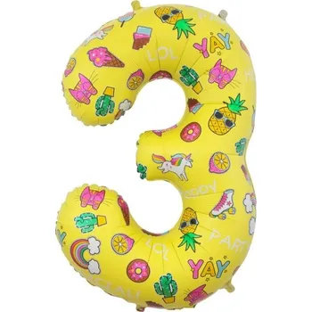 Balónek Godan Balónek fóliový číslo 3 žlutý s obrázky 78 cm