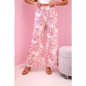 Dámské kalhoty Kesi Włoski Dámské široké kalhoty s květinovým potiskem růžový Kesi Włoski růžová 3279985