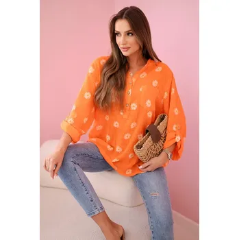 Dámská halenka Kesi Włoski Lněná dámská halenka s květinovým vzorem, dlouhými rukávy a knoflíky Oranžová Kesi Włoski oranžová 3268897