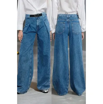 Dámské džíny Trendyol Blue Belt Detailed Pleated High Waist Wide Leg Jeans Trendyol modrá 2930475