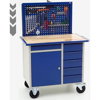 Dílenský stůl Mobilní pracovní stůl s výsuvným perfopanelem, dxšxv: 1077x665x920 mm, nosnost 500 kg, 6 zásuvek, 1 skříňka