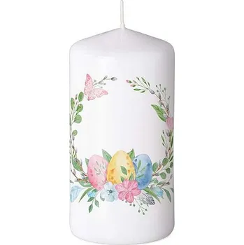 Svíčka Svíčka válec 60x120mm bílá s motivem vajíčka ve věnci