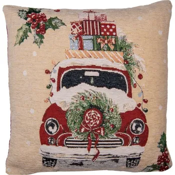 Povlak na dekorativní polštářek Béžovo-červený povlak na polštář s autíčkem Christmas Rustic - 44*44 cm