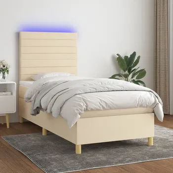 Postel vidaXL Box spring postel s matrací a LED 90x190 cm textil [3135483] Barva: krémová