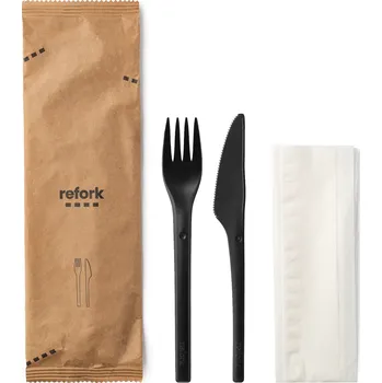 Jednorázové nádobí REFORK Meal set černý (vidlička, nůž, ubrousek), 400 ks