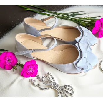 Dámské lodičky Nízké semišové boty s mašlí - světle modré Velikost obuvi: 35