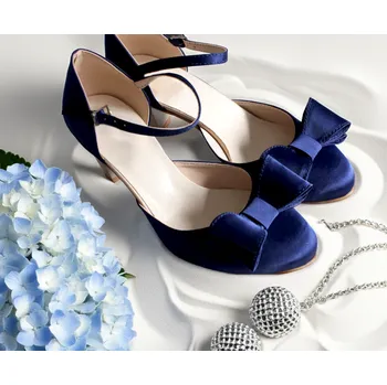 Dámské lodičky Saténové společenské boty s mašlí - granátově modré Velikost obuvi: 34