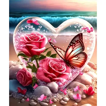 Diamantové malování Norimpex Diamantový obrázek- Skleněné srdce na pláži 30x40cm