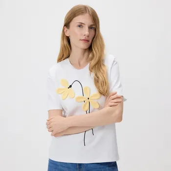 Dámské tričko Reserved - Tričko s květovanou aplikací - krémová - 376GU-01X - 376GU-01X-S