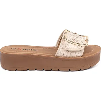 Dámské pantofle Světle béžové dámské nazouváky zdobené zlatou přezkou PS44BE Velikost: 38