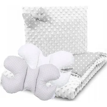 Dětská deka Dětská deka do kočárku s polštářkem a motýlkem - BABYMAM PREMIUM set 3v1 - Bílé tečky na šedé s bílou minky