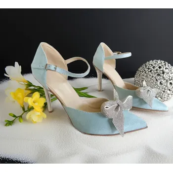 Dámské lodičky Semišové svatební boty se stříbrnou mašlí - blankytně modré Velikost obuvi: 34