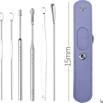 Čistič uší 6 ks Nerezový čistič uší se lžičkou a spirálou | ušní čistič, nástroj na uši - 6dílné fialové pouzdro