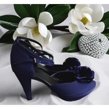 Dámské lodičky Saténové boty se skládanou květinou - granátově modré Velikost obuvi: 34