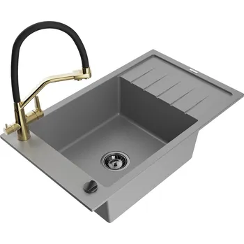 Granitový dřez MEXEN/S - Elias granitový dřez s odkapávačem včetně baterie Duo, šedá 6511-71-671701-57-B