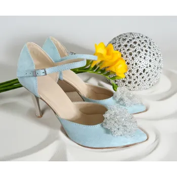 Dámské lodičky Semišové svatební boty s krystalovou broží blankytně modré Velikost obuvi: 34