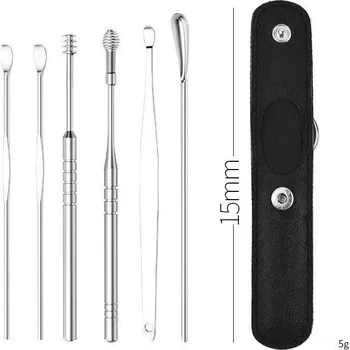 Čistič uší 6 ks Nerezový čistič uší se lžičkou a spirálou | ušní čistič, nástroj na uši - 6dílné černé pouzdro
