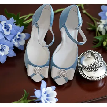 Dámské lodičky Svatební boty s mašlí a štrasovou ozdobou - arktická modrá Velikost obuvi: 35