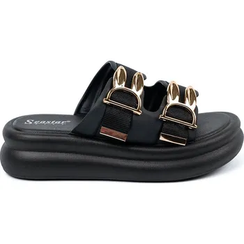 Dámské pantofle Černé dámské nazouváky na platformě se zlatými přezkami BG193P-B Velikost: 38